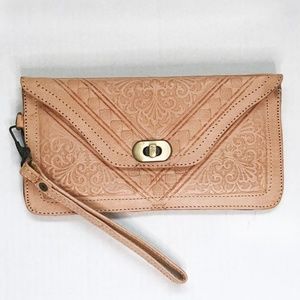 Tooled Leather Wristlet, Pockets Inside and Out